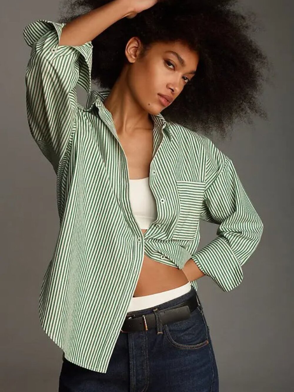 Maeve Long Sleeve Oversized Button Down Stripe Shirt Green/White Cotton Large